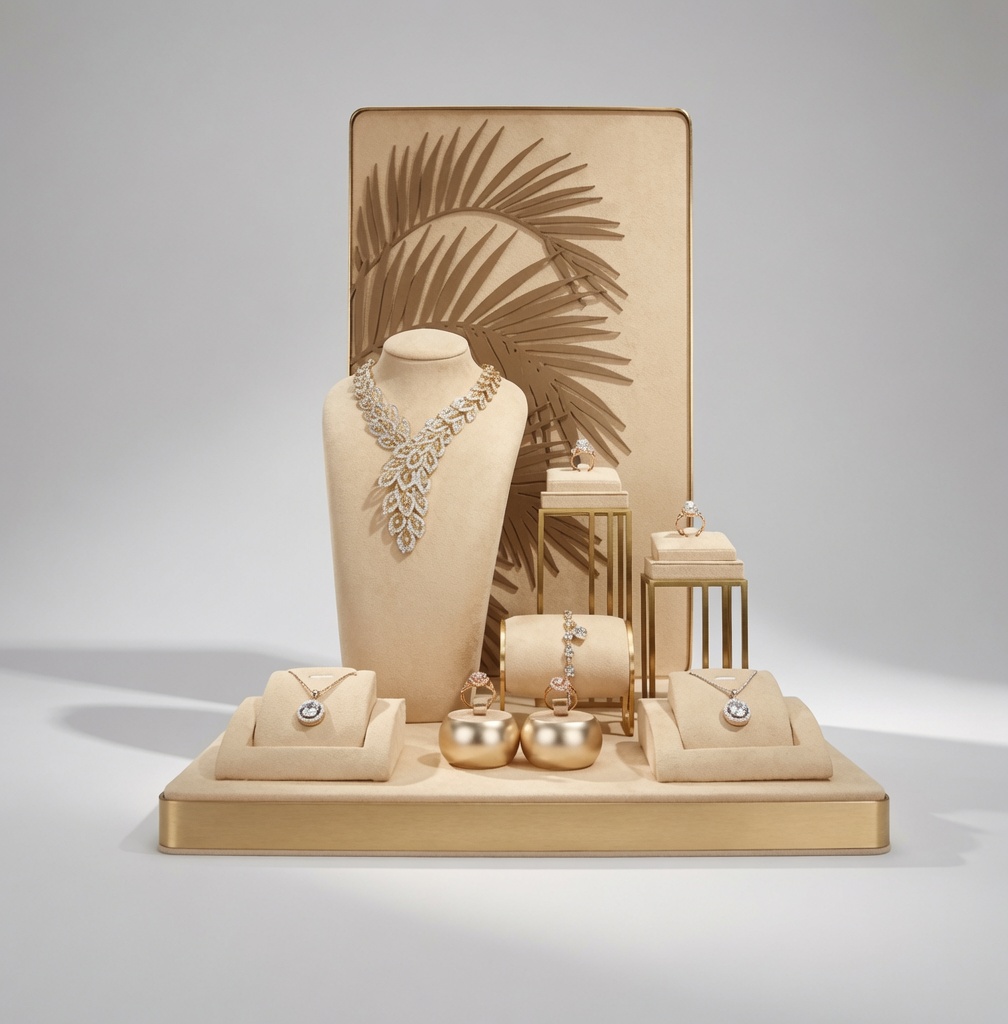 Beige suede jewelry display set with gold accents and necklace bust